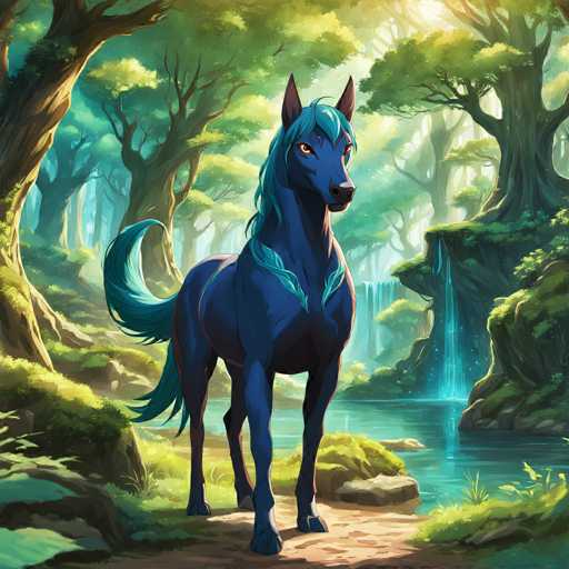 The image depicts a blue horse with long, flowing hair standing on a dirt path surrounded by lush greenery and trees. The horse is facing the camera directly, giving an impression of being in its natural habitat.