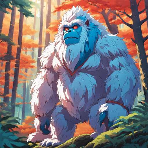 The image depicts a blue and white gorilla standing on its hind legs with its arms outstretched, facing the camera directly. The gorilla is surrounded by an autumn forest setting, featuring trees with orange leaves in various shades of red and yellow.