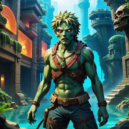 The image depicts a character with green skin and red hair standing on the shore of a body of water, holding a sword in their right hand. The character is wearing a brown leather belt and has a backpack slung over one shoulder. In the background, there are stone buildings and trees that add to the overall atmosphere of the scene.