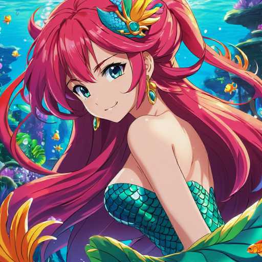 The image depicts a young girl with long red hair wearing a mermaid tail and a crown of flowers on her head. She is standing underwater surrounded by colorful fish and coral reefs. The background features a blue sky filled with clouds and the ocean extending into the distance.
