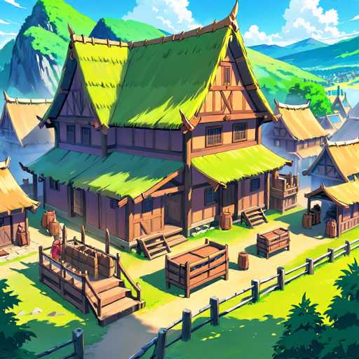 The image depicts a traditional village nestled at the foot of a mountain range. The village is characterized by wooden houses with thatched roofs and stone walls, creating a rustic charm. The perspective of the image is from ground level, looking up towards the village, giving it an imposing and majestic appearance. The sky above is clear blue, providing a beautiful backdrop to the scene below.