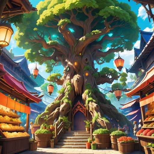 The image depicts a large tree with multiple branches and leaves situated in the center of an open market scene. The tree is surrounded by various stalls selling fruits and vegetables, including apples, oranges, and bananas. The market appears to be located in Japan, as indicated by the traditional architecture visible in the background.
