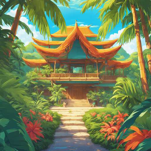 The image depicts an orange pagoda-like structure with a green roof and white walls situated amidst lush tropical foliage. The building is surrounded by vibrant flowers of various colors, including reds, oranges, yellows, greens, blues, and purples. The perspective of the image is from ground level, looking up at the building against a clear blue sky dotted with fluffy white clouds.
The style of the illustration appears to be cartoon-like or cartoonish in nature, characterized by exaggerated features and stylized elements that give it a whimsical and imaginative feel.