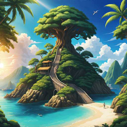 The image depicts a tropical island with a large tree at its center, surrounded by water and lush vegetation. A small wooden hut is situated on the right side of the tree, and a stone staircase leads up to it. The sky above is clear blue with fluffy white clouds, creating a serene atmosphere. Two people can be seen walking along the beach in the foreground.
