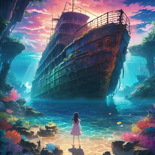 A woman is standing on a beach next to an old shipwreck with a blue and green color scheme. The ship appears to be rusted and abandoned, surrounded by rocks and coral reefs in the background.