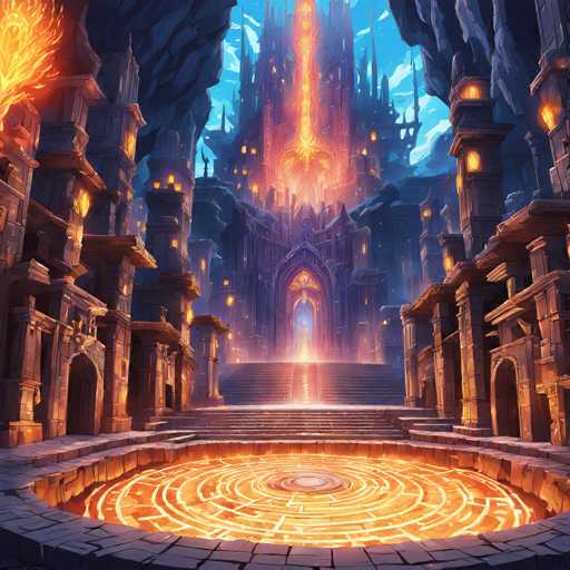 The image depicts a grand castle-like structure with multiple towers and spires, surrounded by a moat filled with fire. The central focus is the entrance to the castle, which is flanked by two towers on either side. The sky above the scene is painted in shades of blue, providing a serene backdrop for the architectural marvel below.