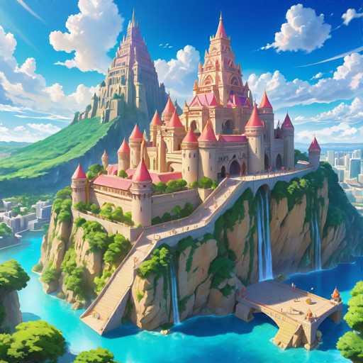 The image depicts a castle perched on a cliff overlooking a river below. The castle is constructed from stone and features multiple towers and turrets that reach towards the sky. A bridge spans across the river in front of the castle, connecting two parts of the land separated by water. The scene is set against a backdrop of lush green trees and rolling hills, creating a serene and picturesque landscape.