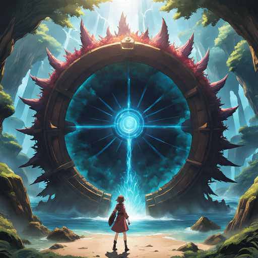 The image depicts an artist's interpretation of a fantastical scene featuring a large, circular portal with a blue center and red outer ring, surrounded by trees and rocks. A woman is standing in front of the portal, gazing at it intently. The background is filled with lush greenery, creating a sense of depth and mystery to the scene.