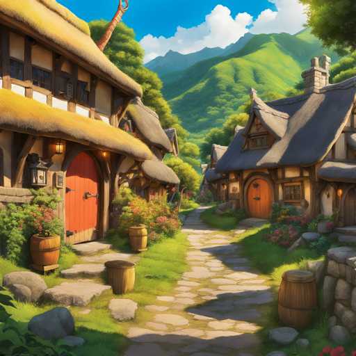 The image depicts a quaint village nestled at the foot of a mountain range. The village is characterized by traditional thatched-roof cottages with wooden doors and windows. A cobblestone path winds through the village, leading to a red door on one side and an orange door on the other. The scene is set against a backdrop of lush green trees and rolling hills, creating a serene and picturesque atmosphere.