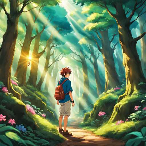 The image depicts a young man wearing a blue shirt and shorts walking through a forest with tall trees on either side of him. The sun is shining brightly from the left side, casting long shadows across the scene. The man carries a backpack as he walks along the path.