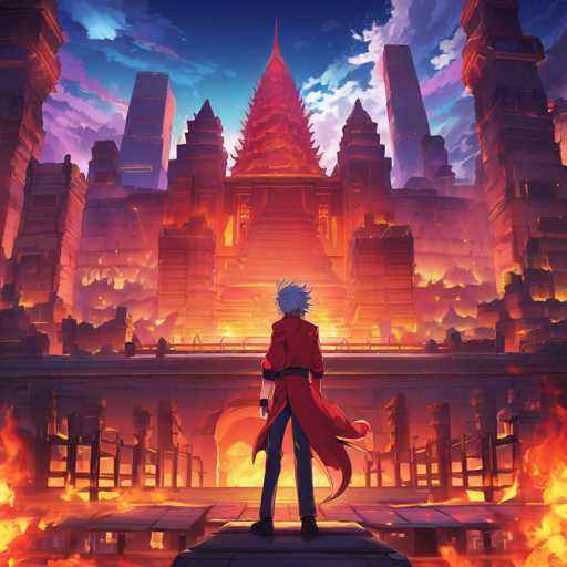 The image depicts a man standing on a bridge with his back to the viewer, wearing a red coat and hat. The bridge is located over a river that flows through a cityscape of tall buildings in shades of orange and pink hues. The sky above is a deep blue color with white clouds scattered across it.