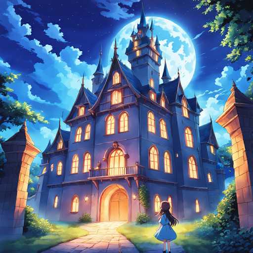 The image depicts a castle with a large blue sky and full moon behind it. The castle has multiple towers and windows that glow with warm light against the dark sky. A woman is standing in front of the castle, facing away from the viewer.