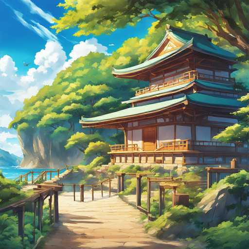 The image depicts a traditional Japanese temple nestled amidst lush greenery and towering trees. The temple is painted in a soothing shade of green with a white roof that contrasts beautifully against the verdant surroundings. A wooden walkway leads up to the entrance of the temple, inviting visitors for a closer look at this serene and picturesque scene.