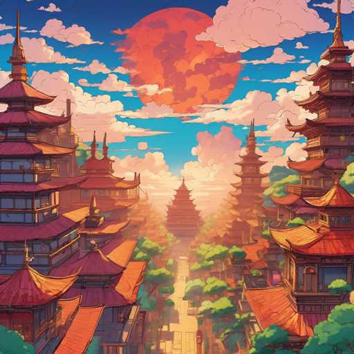 The image depicts a vibrant scene from an anime or manga style. The sky is filled with clouds and the sun is shining brightly, casting a warm glow over the entire scene. In the foreground, there are several buildings painted in shades of red and orange, which appear to be pagodas. These structures are situated on either side of a path that runs through the center of the image. The path is lined with trees, adding a touch of nature to the urban landscape. The sun's rays illuminate the scene, highlighting the details of the buildings and trees.