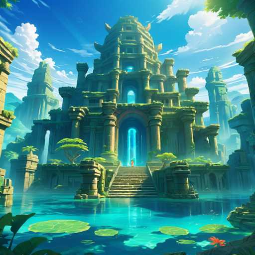 The image depicts a temple nestled within a lush tropical forest setting. The temple is constructed from stone and features multiple levels of arches and columns, creating an imposing structure that blends harmoniously with the surrounding nature. A small waterfall cascades down into a tranquil pond in front of the temple, adding to the serene atmosphere.

A few people can be seen exploring the temple grounds, possibly tourists or locals admiring the architectural marvels. The sky above is a clear blue, dotted with fluffy white clouds that cast soft shadows on the scene below.