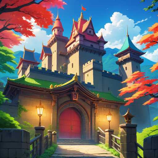 The image depicts a grand castle with multiple towers and a large red door at the center of the scene. The castle is surrounded by lush greenery, including trees and bushes, creating a sense of depth and scale. The sky above is clear blue with fluffy white clouds, providing a serene backdrop to the majestic structure.