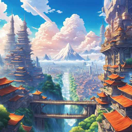 The image depicts a vibrant cityscape with tall buildings and pagodas, set against a clear blue sky dotted with fluffy white clouds. The city is nestled between two mountains, one of which has a snow-capped peak. A bridge spans across the river in the foreground, connecting the two sides of the city.