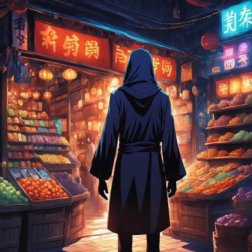 The image depicts an Asian market scene at night with a person wearing a hooded robe and standing in front of a fruit stand filled with various fruits such as apples, oranges, and bananas. The background is illuminated by warm orange lights that cast a soft glow on the scene, creating a sense of depth and atmosphere.