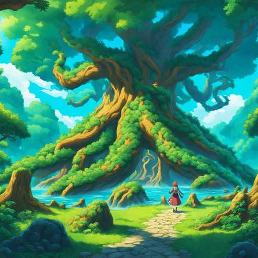 The image depicts a woman walking through a lush forest with tall trees and vibrant green foliage surrounding her on both sides of the path she is taking. The sky above is a clear blue, providing a beautiful backdrop to the scene.