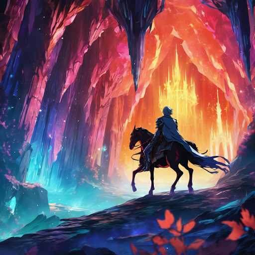 The image depicts a man riding a horse through a cave with vibrant colors and unique rock formations. The cave is illuminated by a bright light at the center, creating an ethereal atmosphere. The man on the horse appears to be in awe of the breathtaking surroundings.