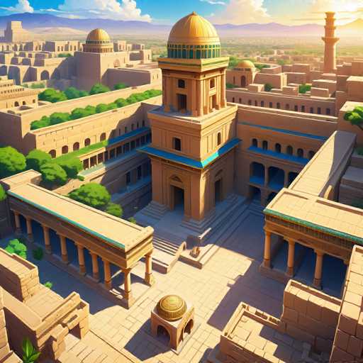 The image presents an aerial view of a city with a large, ornate building featuring a dome and multiple levels, surrounded by smaller buildings. The city is situated on a hillside, giving it a unique topographical perspective. The sky above the city is clear blue with scattered clouds.