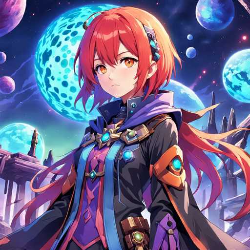 A young girl with red hair and a purple dress stands in front of a large blue planet, holding a sword and shield. The background features several other planets and stars, creating an immersive space-themed setting.