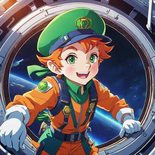 A cartoon girl with orange hair and a green hat is shown through a circular window on the spaceship. She has a backpack on her back and is smiling at the camera. The background of the image shows Earth in space.