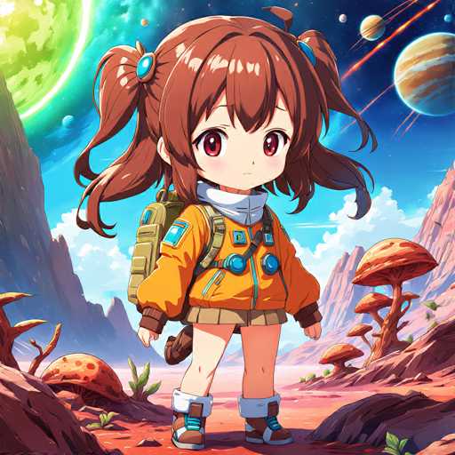 A young girl with brown hair and a backpack stands on a rocky terrain surrounded by mushrooms and plants. She is wearing an orange jacket and blue boots. The background features a vibrant display of planets and stars against a deep blue sky.