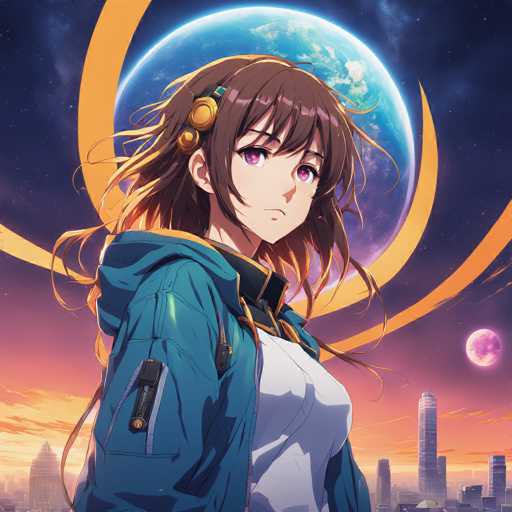The image depicts an anime character with long brown hair and a blue jacket standing against the backdrop of a large planet with a yellow ring around it. The character is looking directly at the camera, giving off an air of mystery and intrigue.