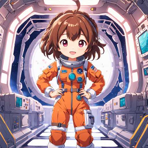 The image depicts an anime character wearing a red and white spacesuit with the number "1" on it, standing inside a spaceship. The character is smiling and appears to be posing for the camera.