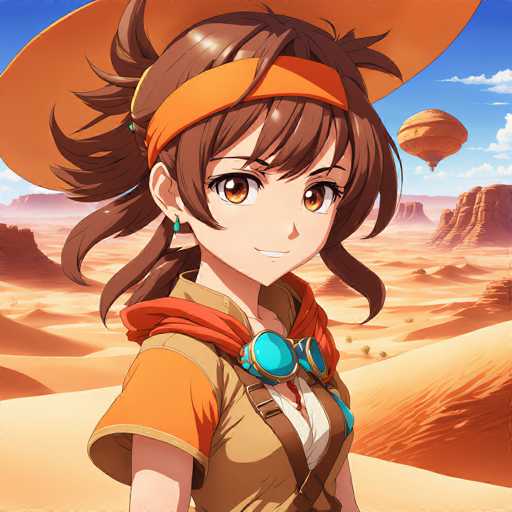 The image shows a young girl with brown hair and an orange bandana on her head standing in the middle of a desert landscape. She is wearing a beige shirt and has a backpack on her back. The background features sand dunes under a clear blue sky.