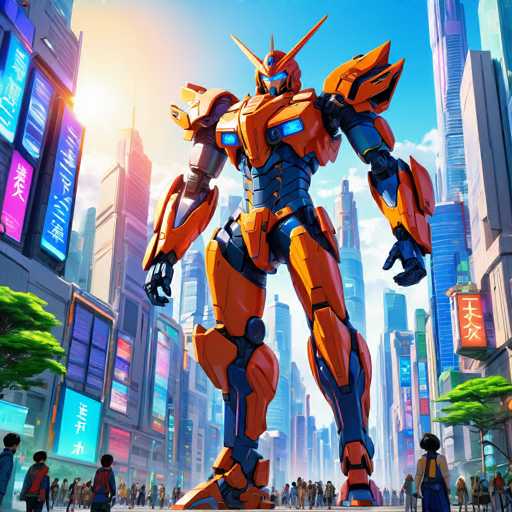 The image depicts an orange robot with blue eyes and a red head standing on a city street surrounded by tall buildings. The robot is facing the camera directly, giving a clear view of its design. In front of the robot, there are several people walking around in various directions, adding to the bustling atmosphere of the scene.