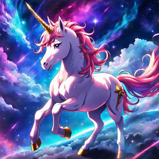 The image depicts a white unicorn with pink and blue hues on its mane and tail, standing on the left side of the frame against a backdrop of stars and clouds. The unicorn is facing towards the right side of the image.
