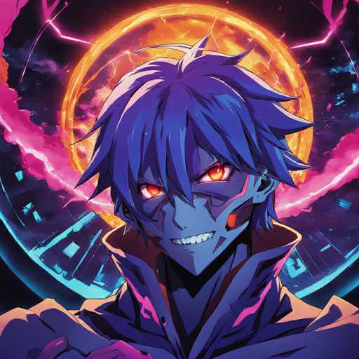 The image shows an anime character with blue hair and a red mask, standing against a backdrop of a large orange circle surrounded by pink and purple lights. The character is positioned centrally within the frame, facing towards the right side of the image.