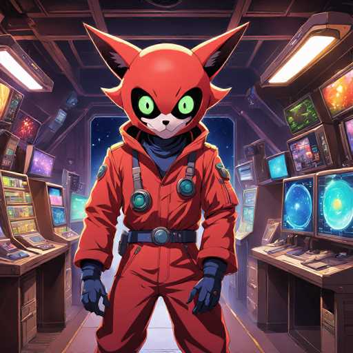 The image depicts an animated character wearing a red jumpsuit with green eyes and a mask that resembles a cat's face. The character is standing in front of a computer monitor surrounded by other monitors, suggesting they are in a room filled with technology or a workspace.