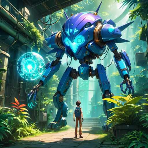The image depicts a robot with blue and green colors standing on a concrete floor surrounded by lush greenery. A young boy is walking towards the robot, creating an interesting interaction between nature and technology. The scene is set in a jungle-like environment, with trees and plants visible in the background.