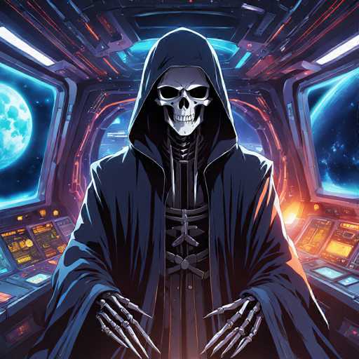 The image depicts a skull with its hands and feet spread out in front of it, wearing a black robe that appears to be made of leather or fabric. The background features a spaceship interior with various buttons and controls visible on the control panel.