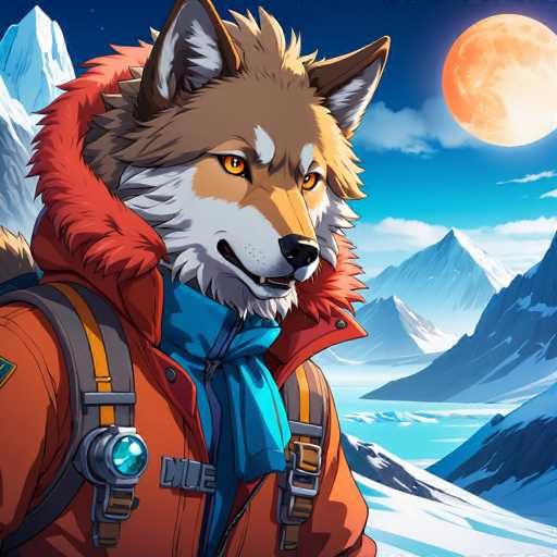 The image depicts a wolf with striking red and brown fur standing on a snowy mountain peak against the backdrop of a full moon. The wolf is wearing an orange jacket and a blue scarf around its neck, suggesting it might be a winter scene or possibly a fantasy setting.