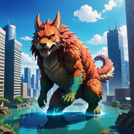 The image depicts an orange and brown monster with a green tail, standing on the bank of a river surrounded by tall buildings. The monster appears to be walking towards the viewer, giving the impression that it is about to jump into the water or swim across the river.