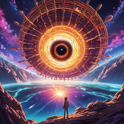 The image depicts an alien spaceship with a large eye and a ring-like structure on its side, floating above a rocky landscape. A lone figure stands at the base of the rocks, gazing up at the spaceship. The background is filled with stars and clouds, creating a sense of depth and vastness.
