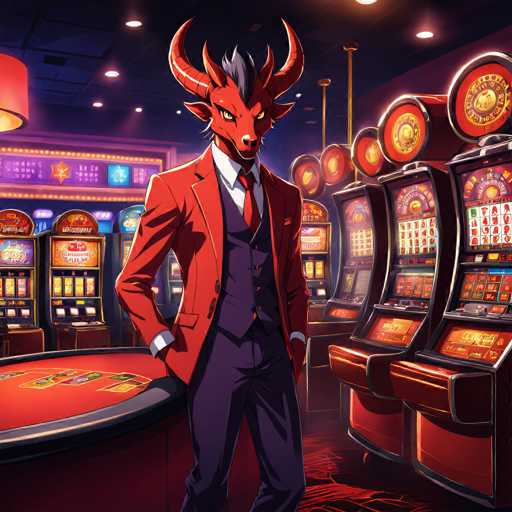 The image depicts a man dressed in a suit and tie standing in front of a row of slot machines with red and gold colors. The man is wearing a red cape that has horns on it, giving him the appearance of a character from a video game or fantasy novel.