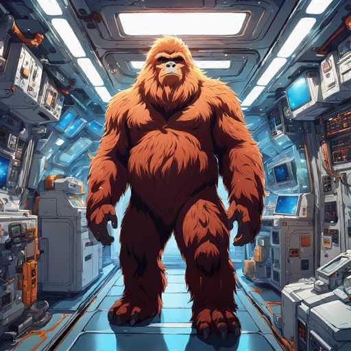 The image depicts a large brown gorilla standing in front of a computer monitor and keyboard on the left side of the frame. The gorilla is facing towards the right side of the image with its arms crossed over its chest.