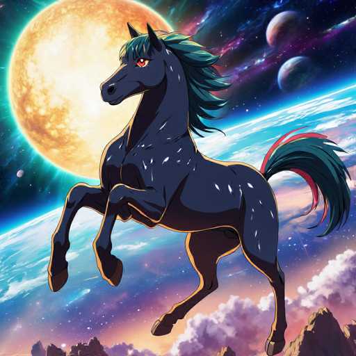 The image depicts a black horse with blue eyes and a red mane standing on its hind legs against the backdrop of a large planet with two distant planets visible behind it. The sky above is filled with clouds in shades of pink and purple.
