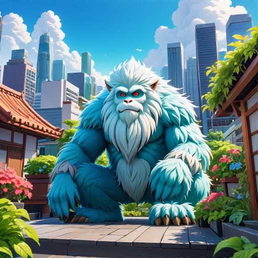 The image depicts a blue monster with white fur and large horns sitting on a wooden platform surrounded by lush green plants and trees. The background features tall buildings under a clear blue sky dotted with fluffy white clouds.