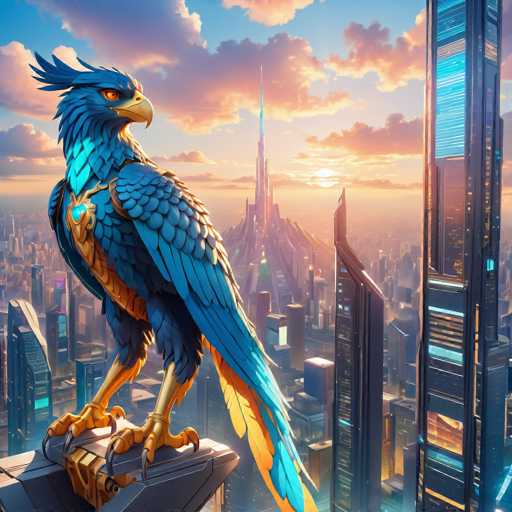 The image depicts a majestic blue bird with gold accents perched on top of a building at sunset. The bird is facing towards the right side of the image and appears to be in flight. In the background, there are tall buildings that add depth to the scene.