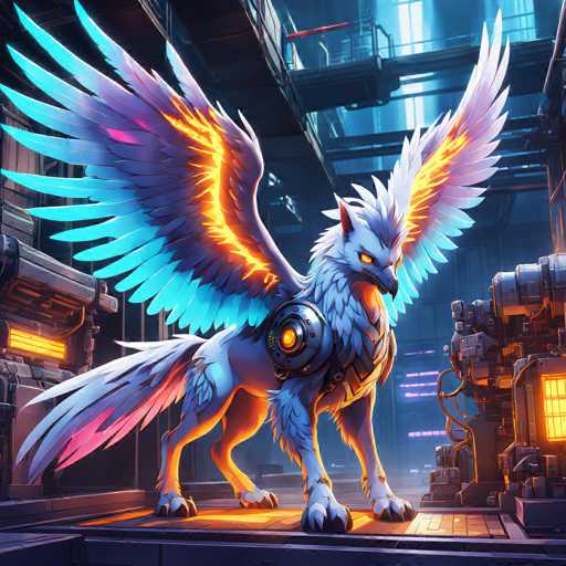 The image depicts a majestic white bird with blue wings and orange eyes perched on a platform within an industrial setting. The bird is facing towards the right side of the image, giving a sense of direction or movement. The background features a large metal structure that appears to be part of a factory or warehouse, suggesting a bustling industrial environment.
