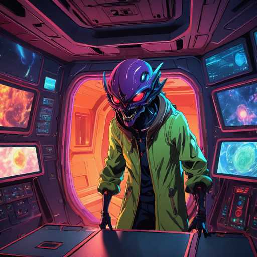The image depicts an alien-like creature with a purple head and green body standing on the left side of a spaceship cockpit. The creature is wearing a green jacket and has red eyes that give it a fierce appearance. The background shows various screens displaying different colors and images, suggesting the presence of advanced technology or futuristic equipment in the space shuttle cockpit.