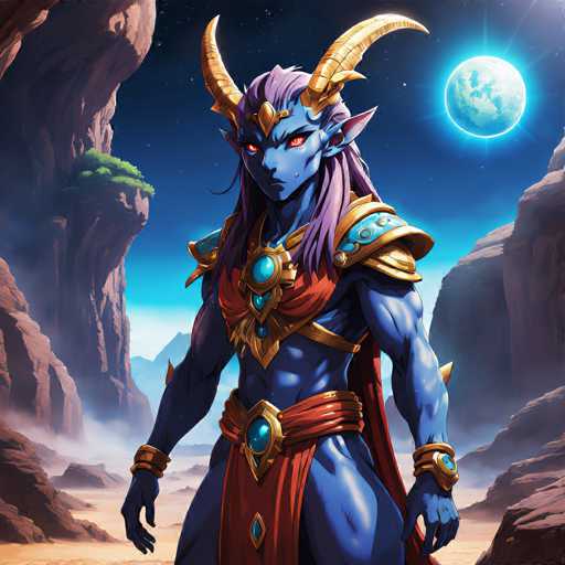 The image depicts a blue-skinned female with long hair and horns standing on rocky terrain under a full moon. She is wearing a red and gold outfit adorned with jewels and a crown. The background features a mountainous landscape with trees and rocks.