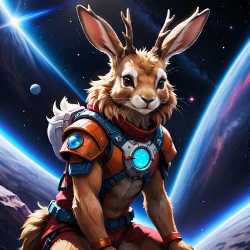 The image depicts an anthropomorphic rabbit with brown fur and white antlers wearing a red and blue suit with a helmet featuring a glowing orb on the forehead. The rabbit is seated comfortably on a rock in outer space, surrounded by planets and stars.