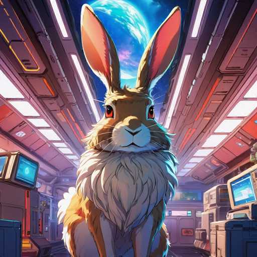 The image depicts an anthropomorphic rabbit with a long white beard and pink ears standing in the center of a spaceship interior. The background features a blue sky with a planet visible through the windows.